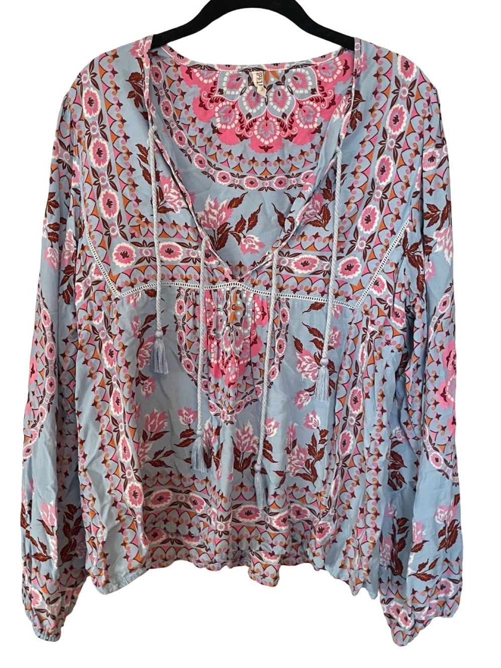 Spell & The Gypsy Pandora Blouse M Blue Pink Floral Boho Tassel Rayon Top